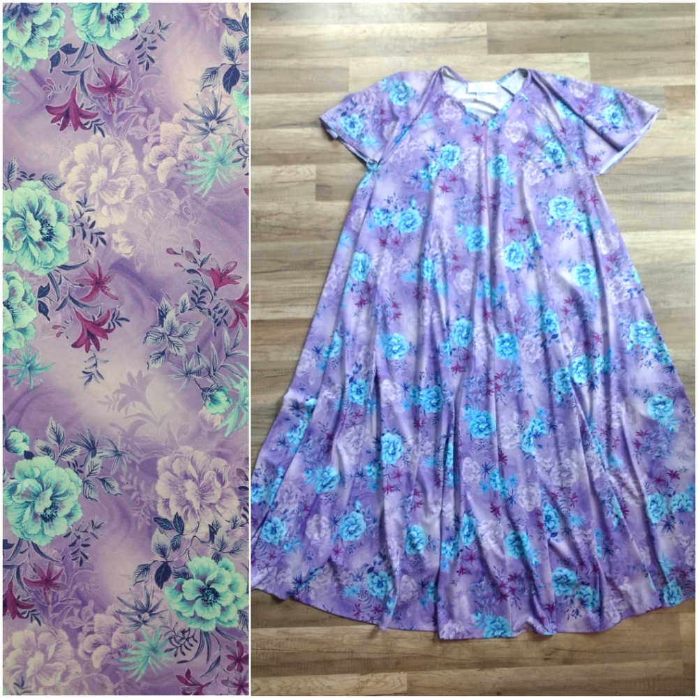 VINTAGE Hawaiian Mumu Nightgown XL Tropical Floral Flutter Sleeve Lilac